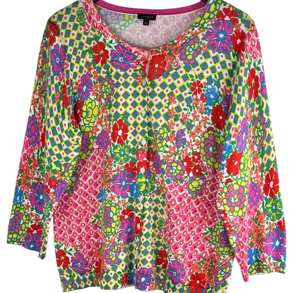 Talbots Sz XL 14 16 Thin Cardigan Sweater Floral Vibrant Colorful Stretch - Picture 2 of 5